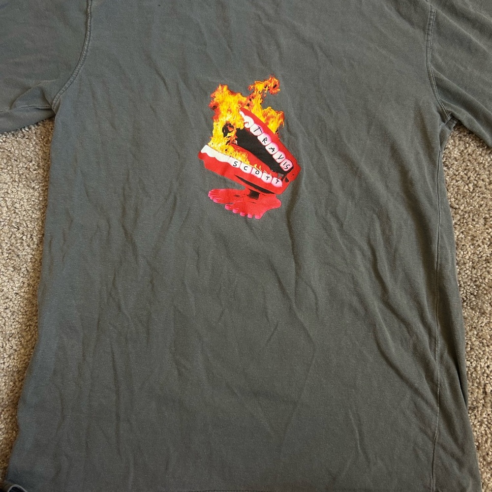 Travis Scott Gray Short Sleeve Tee with Flame Graphic